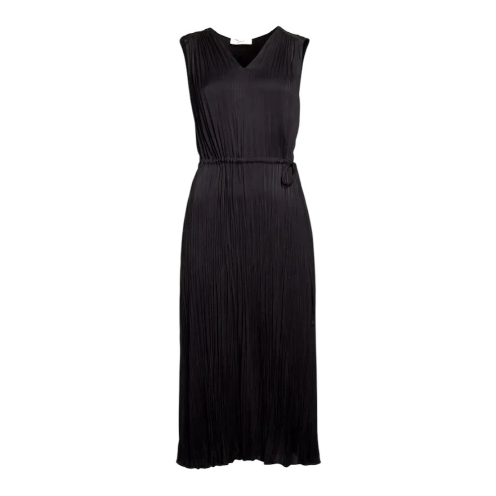 Vince Pleated V-Neck Drawstring Midi Dress Black  Minimalist Sleeveless - Picture 4 of 7